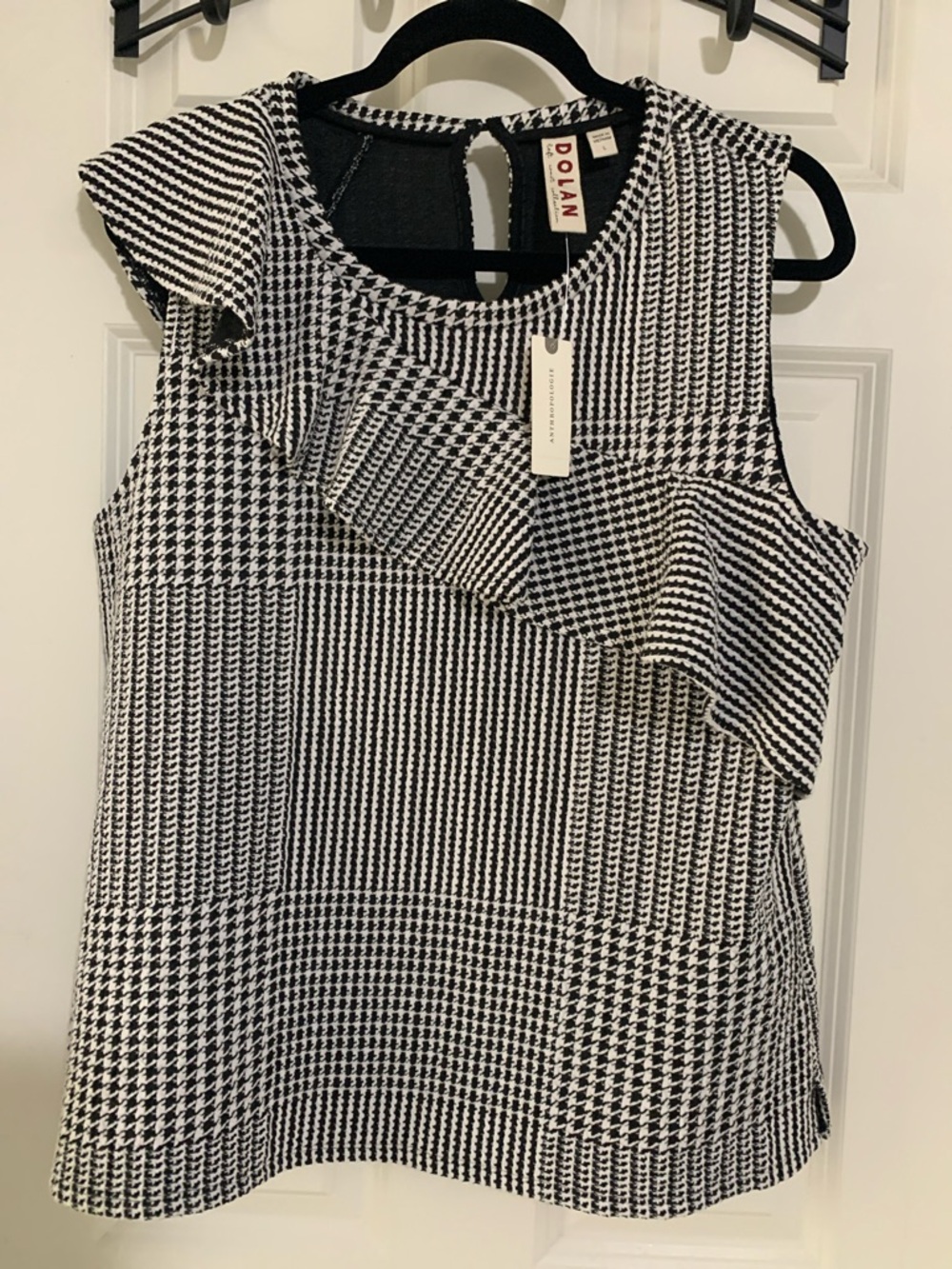 Anthropologie Black & White Houndstooth Ruffle Shell
